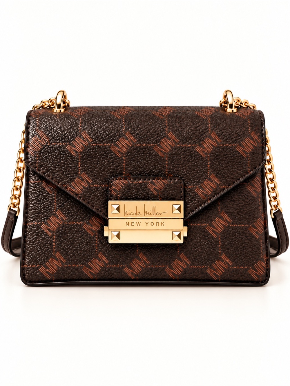 Nicole Miller Brown Monogram Crossbody Bag Gold Hardware
